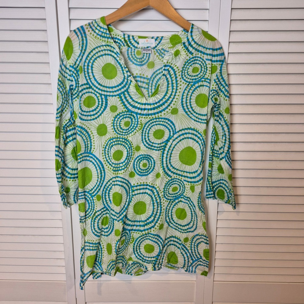Sal e Mare Anguilla Tunic Top Green Blue Circle Long‎ Sleeve Womens S Resortwear